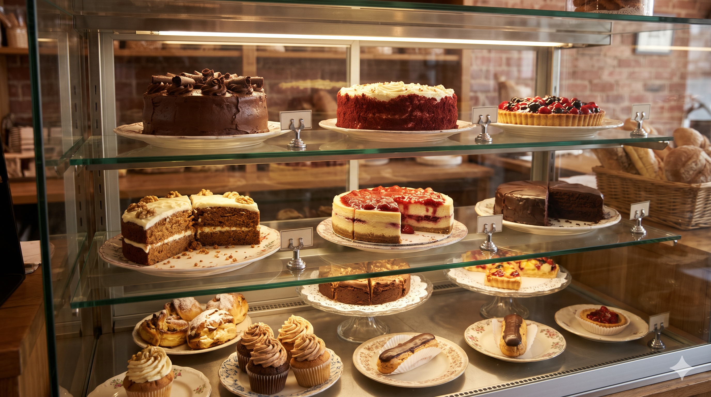 Assorted artisan layer cakes decorated with seasonal berries and buttercream