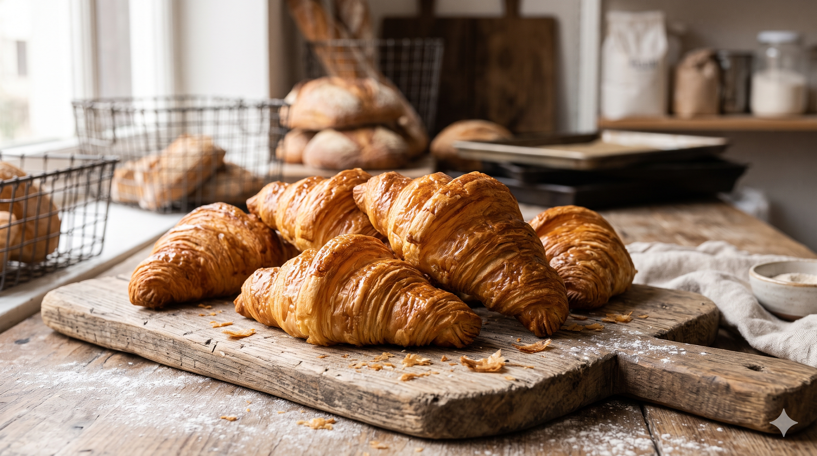 Freshly baked golden-brown butter croissants cooling on a wire rack